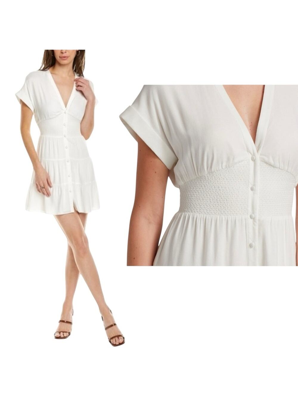 Alice + Olivia Keela White Dress Mini Fit Flare V-Neck Smocked Button Up Size 6